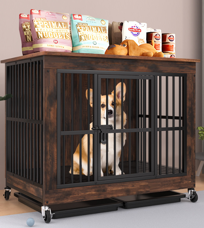 Hundekiste im Möbelstil mit Rollen & Schublade – Rustikaler Hundekäfig Holz & Metall