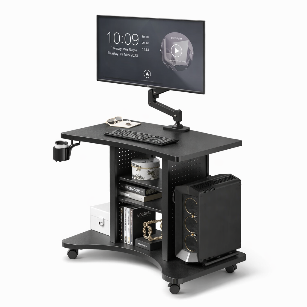 Mobiler höhenverstellbarer Steh-Sitz-Schreibtisch mit Stauraum
