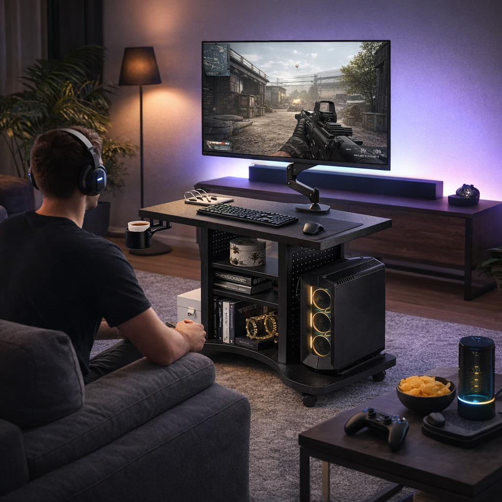 Mobiler höhenverstellbarer Steh-Sitz-Schreibtisch mit Stauraum