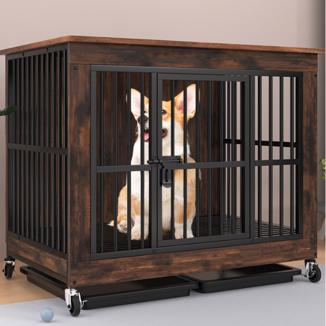 Cuccia per cani in stile mobile con ruote e cassetto – Gabbia rustica per cani in legno e metallo