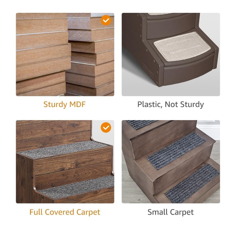 Dog Steps Wood 3 Steps with Carpet – Cat Steps for Bed &amp; Sofa