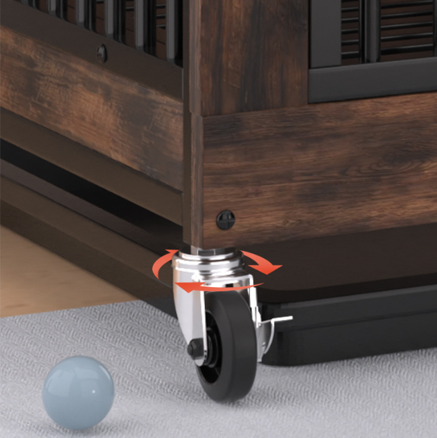 Cuccia per cani in stile mobile con ruote e cassetto – Gabbia rustica per cani in legno e metallo
