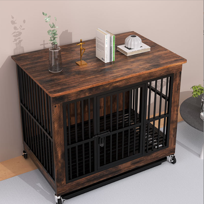 Hundekiste im Möbelstil mit Rollen & Schublade – Rustikaler Hundekäfig Holz & Metall