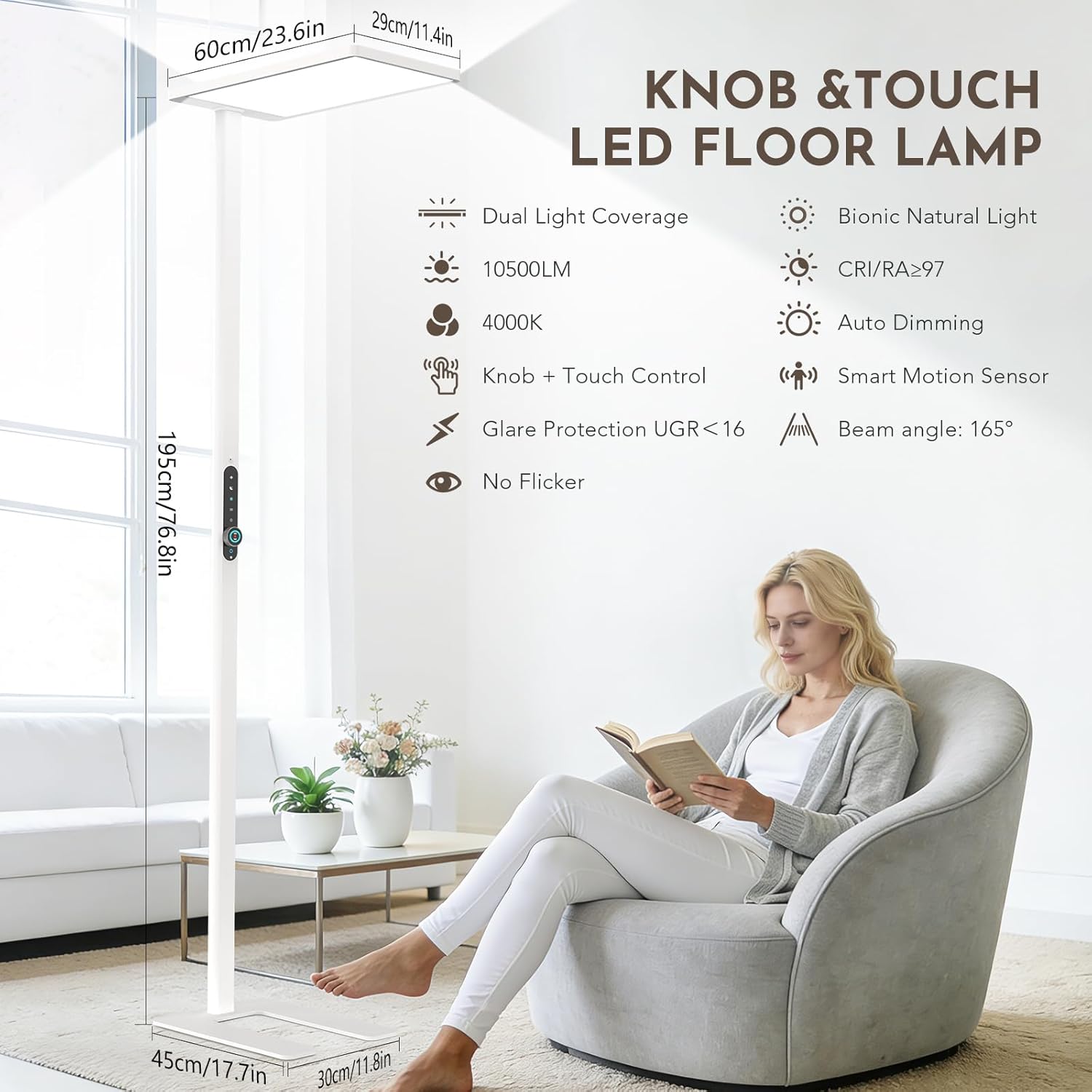 LED Stehlampe 120W mit Bewegungssensor – Vollspektrum Leselampe 10500 lm, 4000K Tageslicht