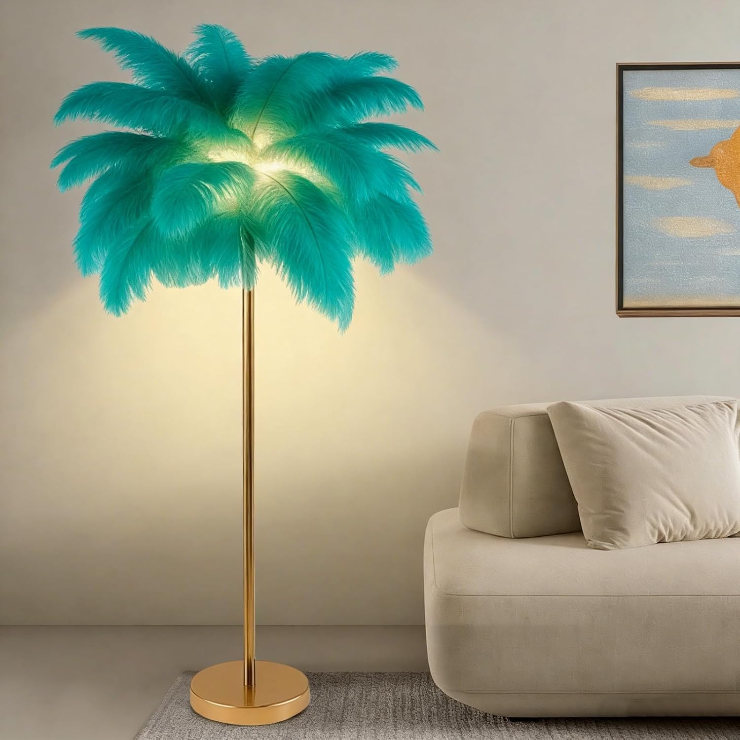 Feder-Stehlampe für Wohnzimmer, Straußenfeder-Design, 3 Lichtfarben – Roségold, 160 cm