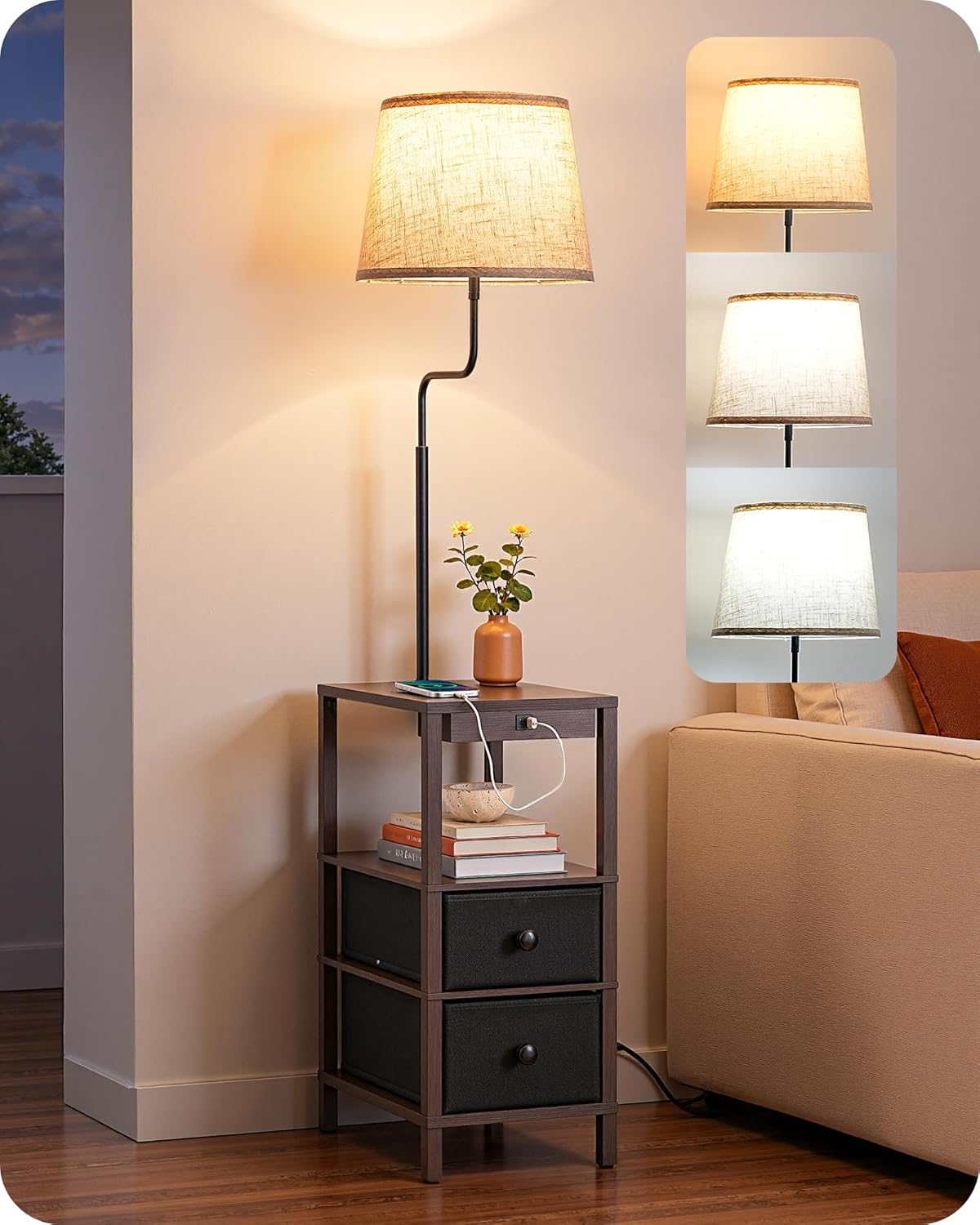 Stehlampe mit Tisch, USB-A & USB-C, dimmbar – Nachttischlampe Schwarz