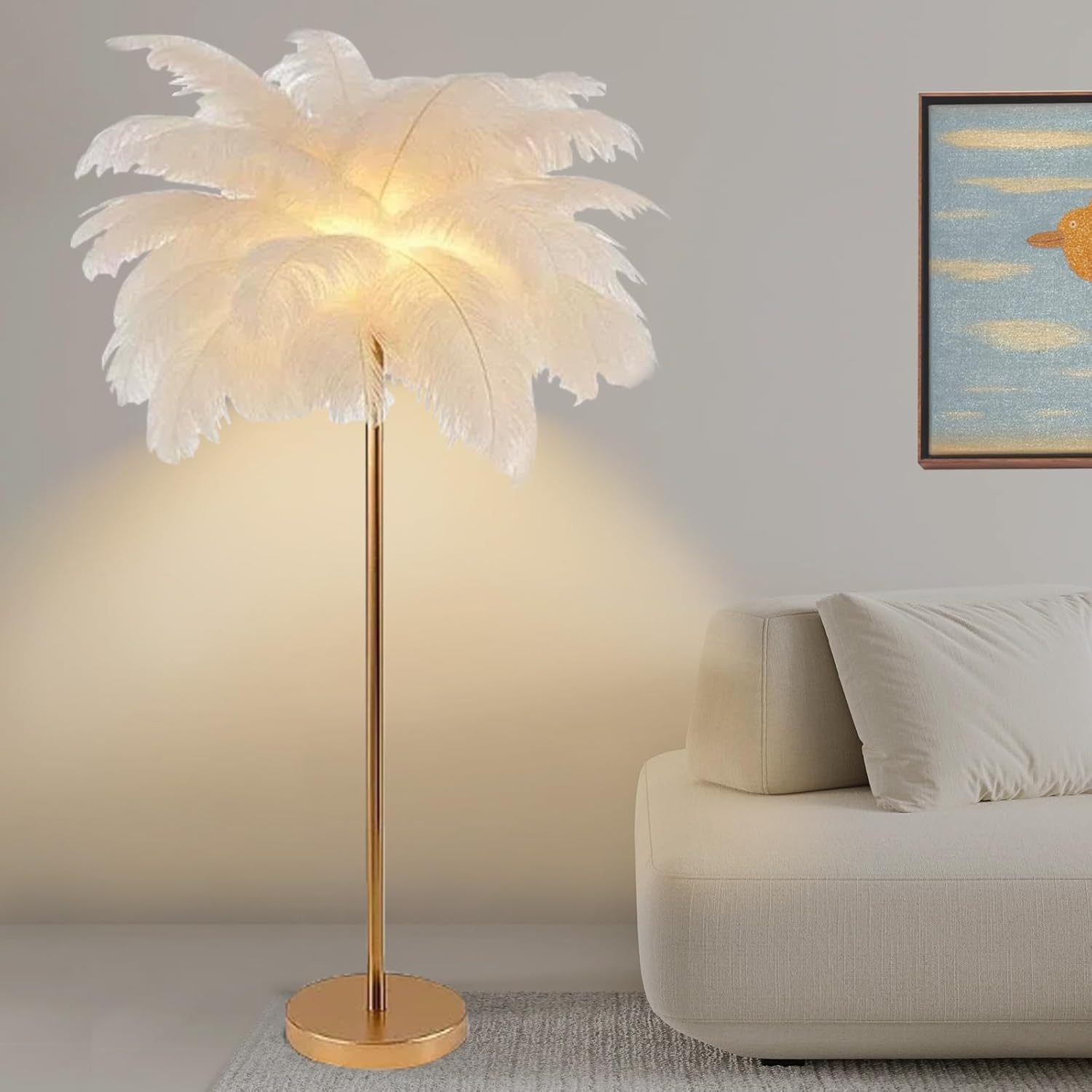 Feder-Stehlampe für Wohnzimmer, Straußenfeder-Design, 3 Lichtfarben – Roségold, 160 cm