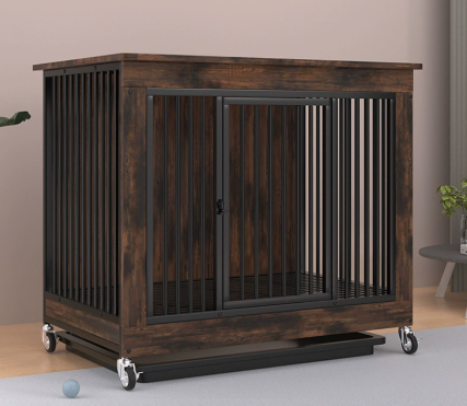 Cuccia per cani in stile mobile con ruote e cassetto – Gabbia rustica per cani in legno e metallo