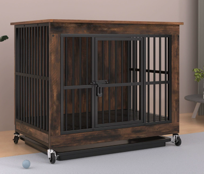 Cuccia per cani in stile mobile con ruote e cassetto – Gabbia rustica per cani in legno e metallo